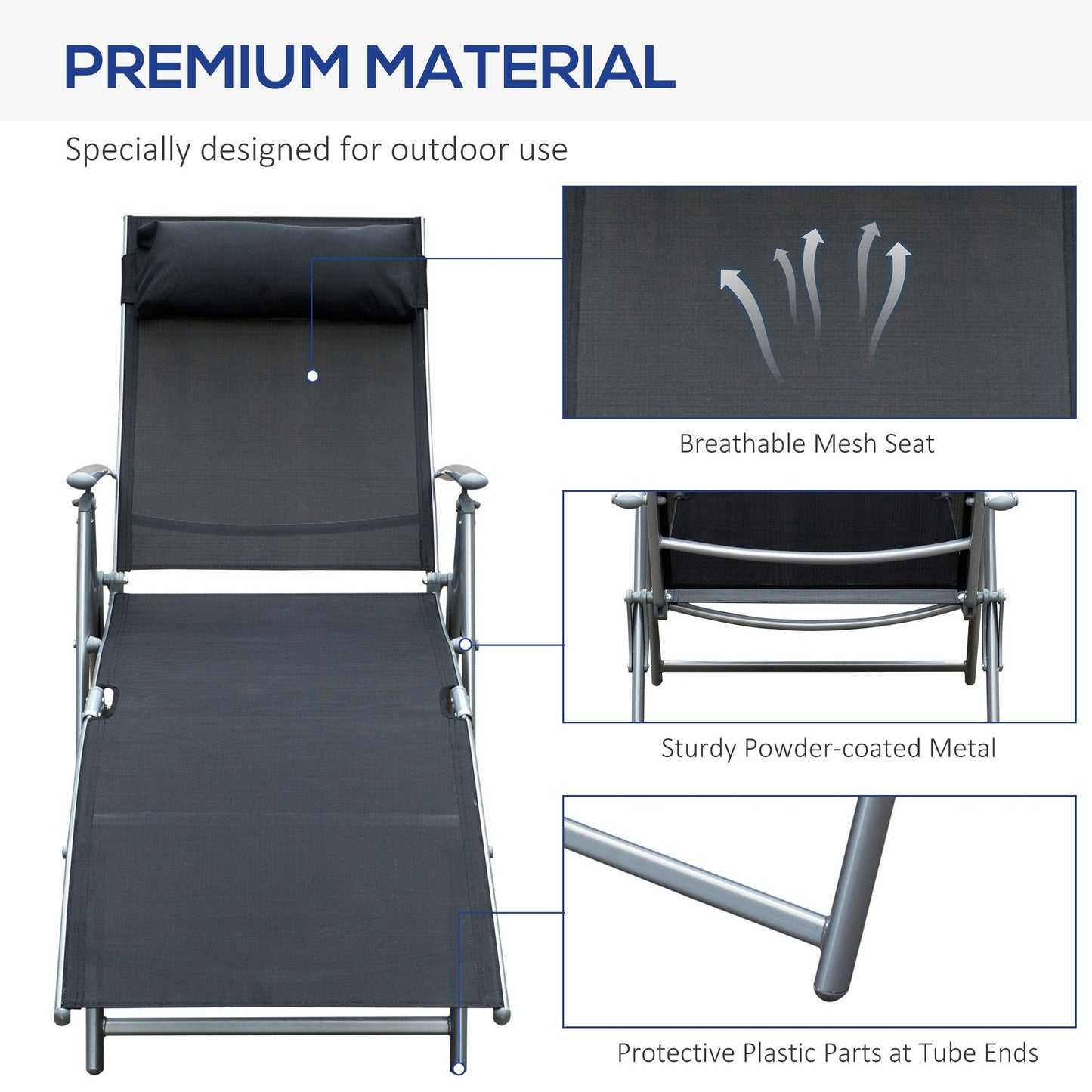Outdoor Folding Chaise Lounge Chair Steel Portable Recliner with 7 Adjustable Backrest Positions, Red