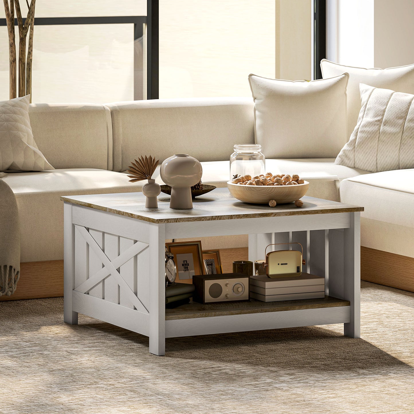 31.5" Square Coffee Table, Farmhouse 2-Tier Center Table for Living Room, Distressed Oak and Brown