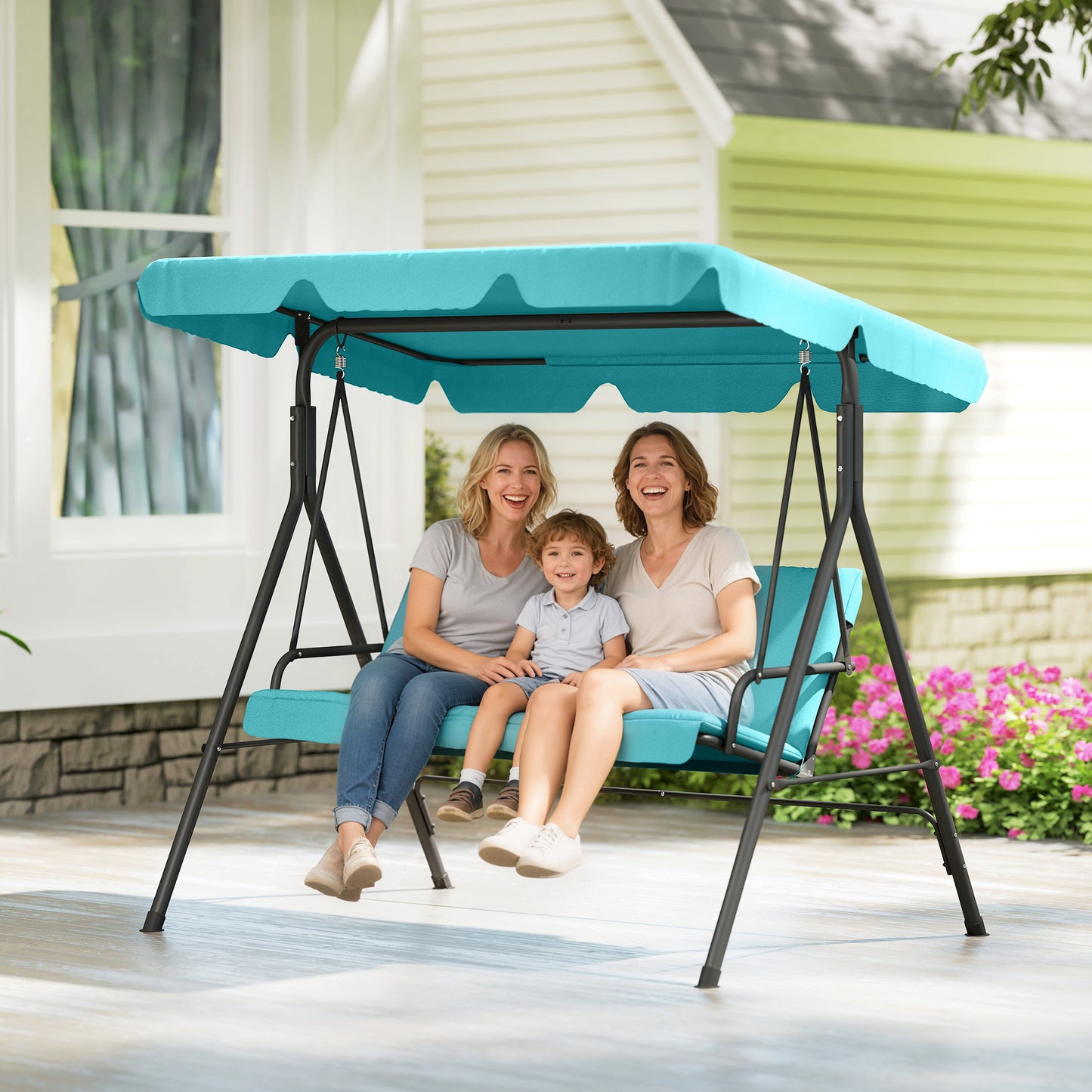 3-Seater Outdoor Porch Swing with Adjustable Canopy, Patio Swing Chair for Garden, Poolside, Backyard, Grey and White