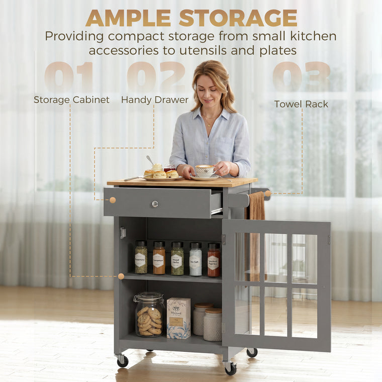 Rolling Kitchen Cart with Drawer and Glass Cabinet