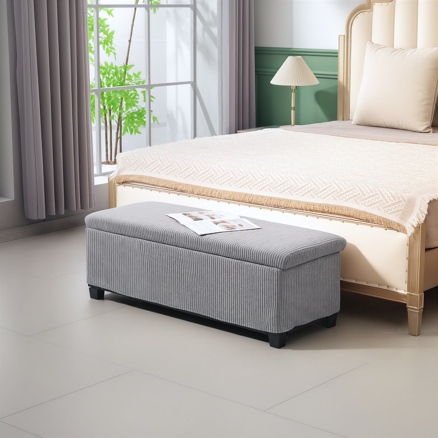 44 Inches Ottoman with Storage, Lid, Legs, Corduroy End of Bed Bench for Living Room, Bedroom, Entryway, Light Grey