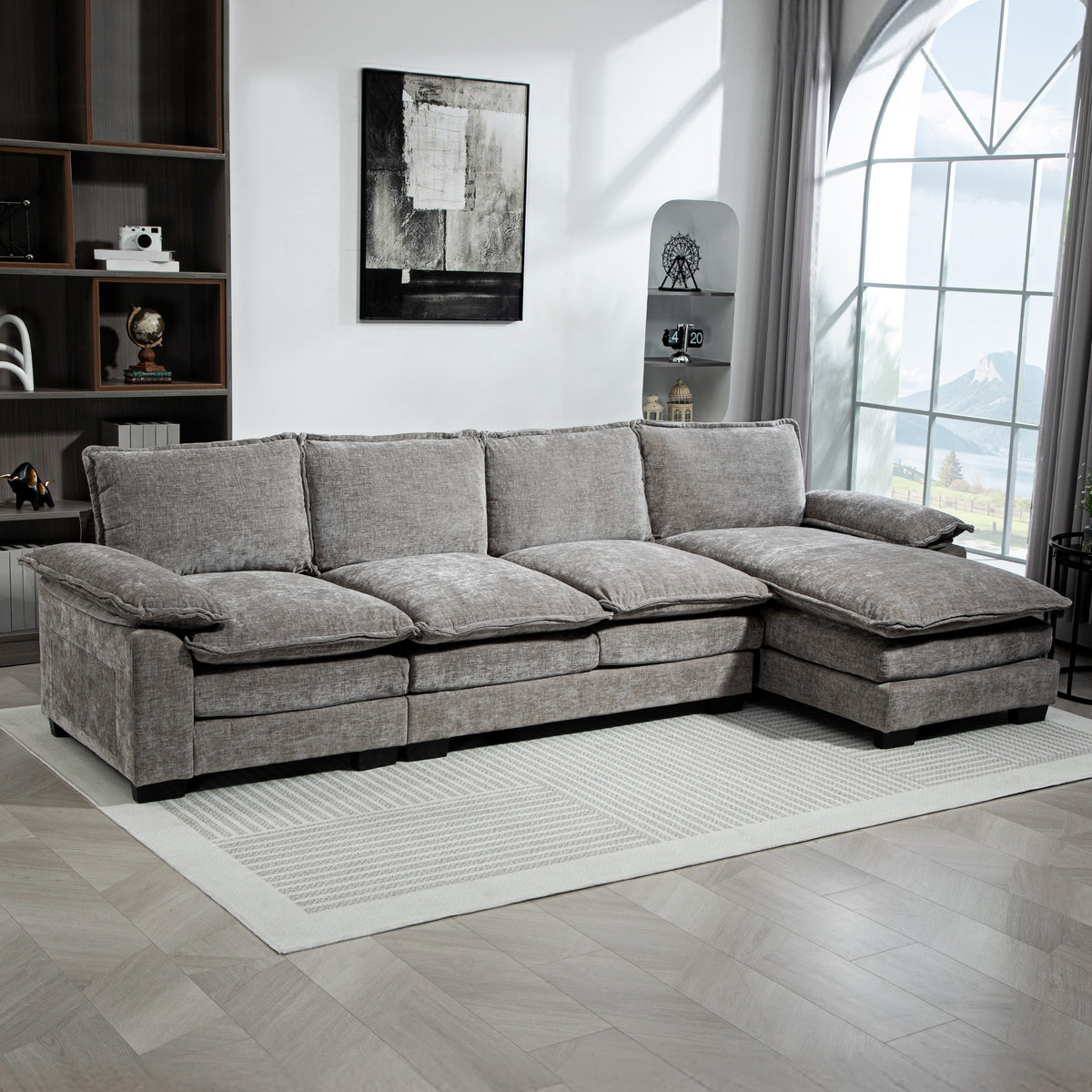Sofa Couch with Chaise Lounge, Chenille L-shaped Couch with Double-layer Seat Cushion for Living Room, Grey