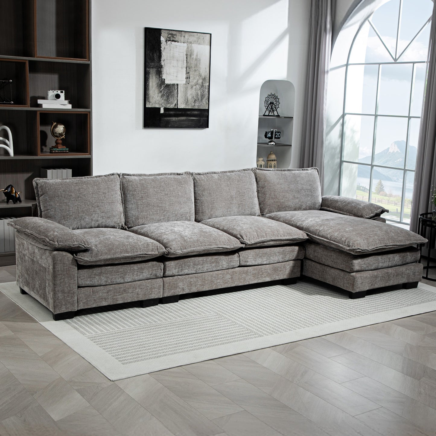 Sofa Couch with Chaise Lounge, Chenille L-shaped Couch with Double-layer Seat Cushion for Living Room, Grey
