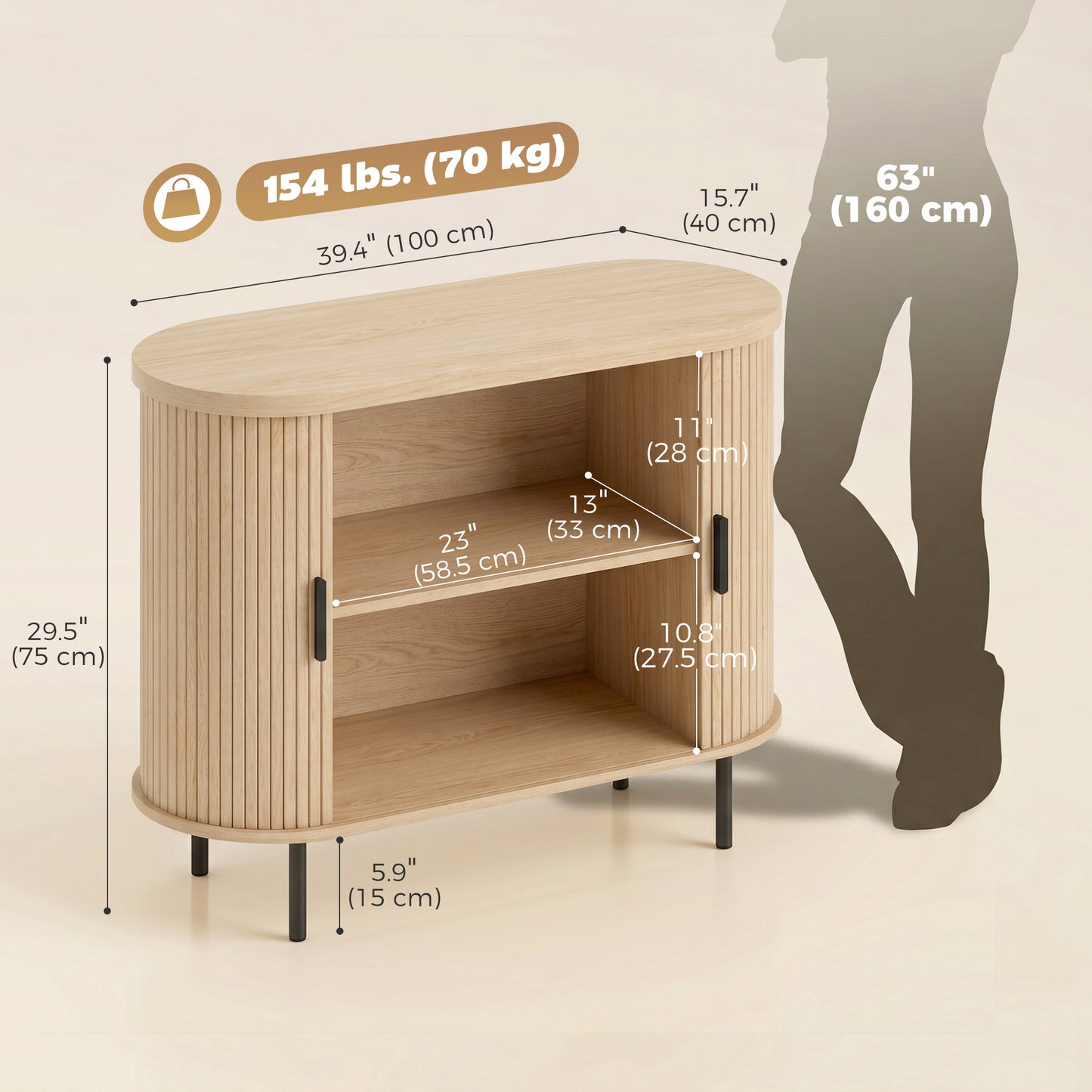 Sideboard Buffet Cabinet with Curved Tambour Doors and Storage, Natural Wood