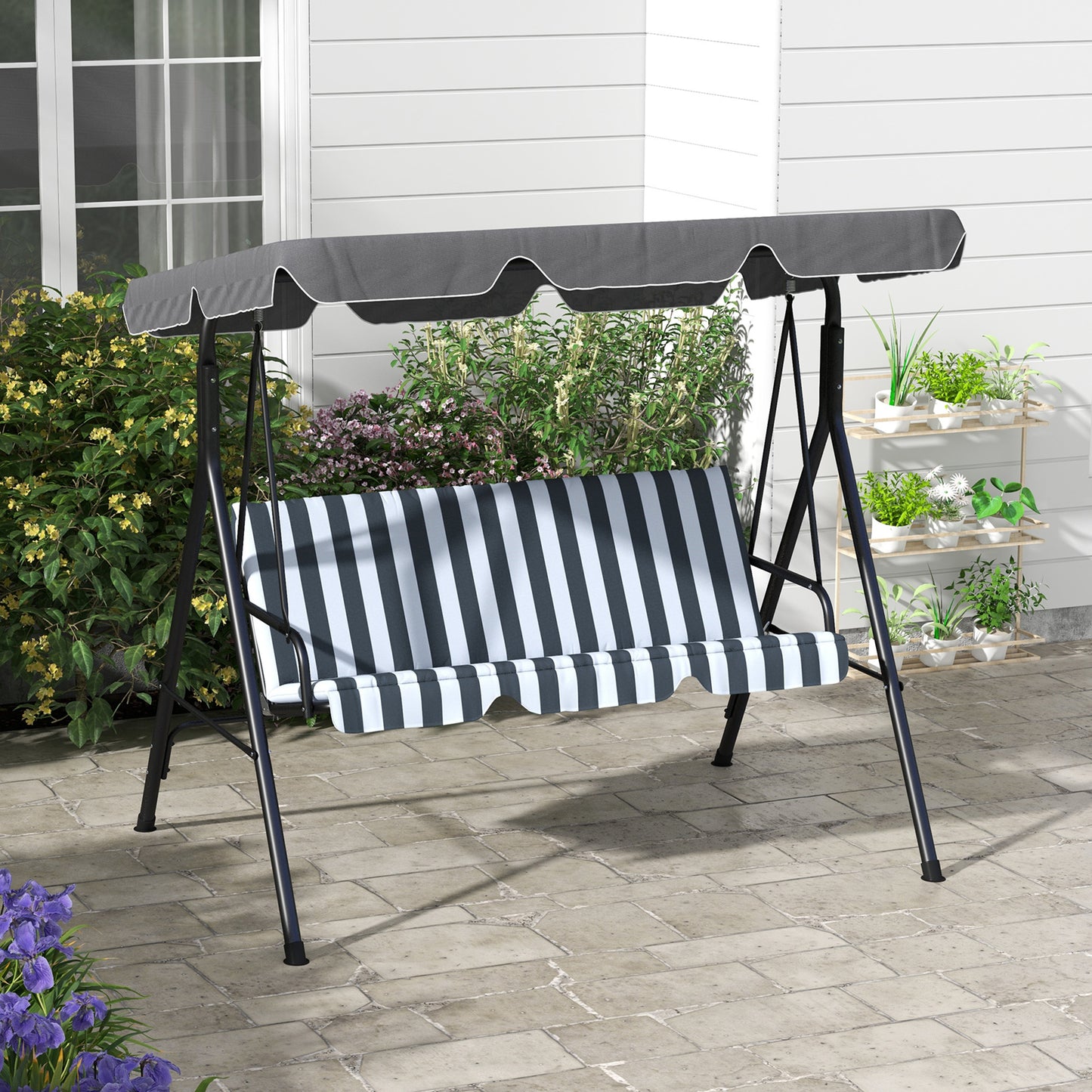 3-Seater Outdoor Porch Swing with Adjustable Canopy, Patio Swing Chair for Garden, Poolside, Backyard, Grey and White - Dark Grey