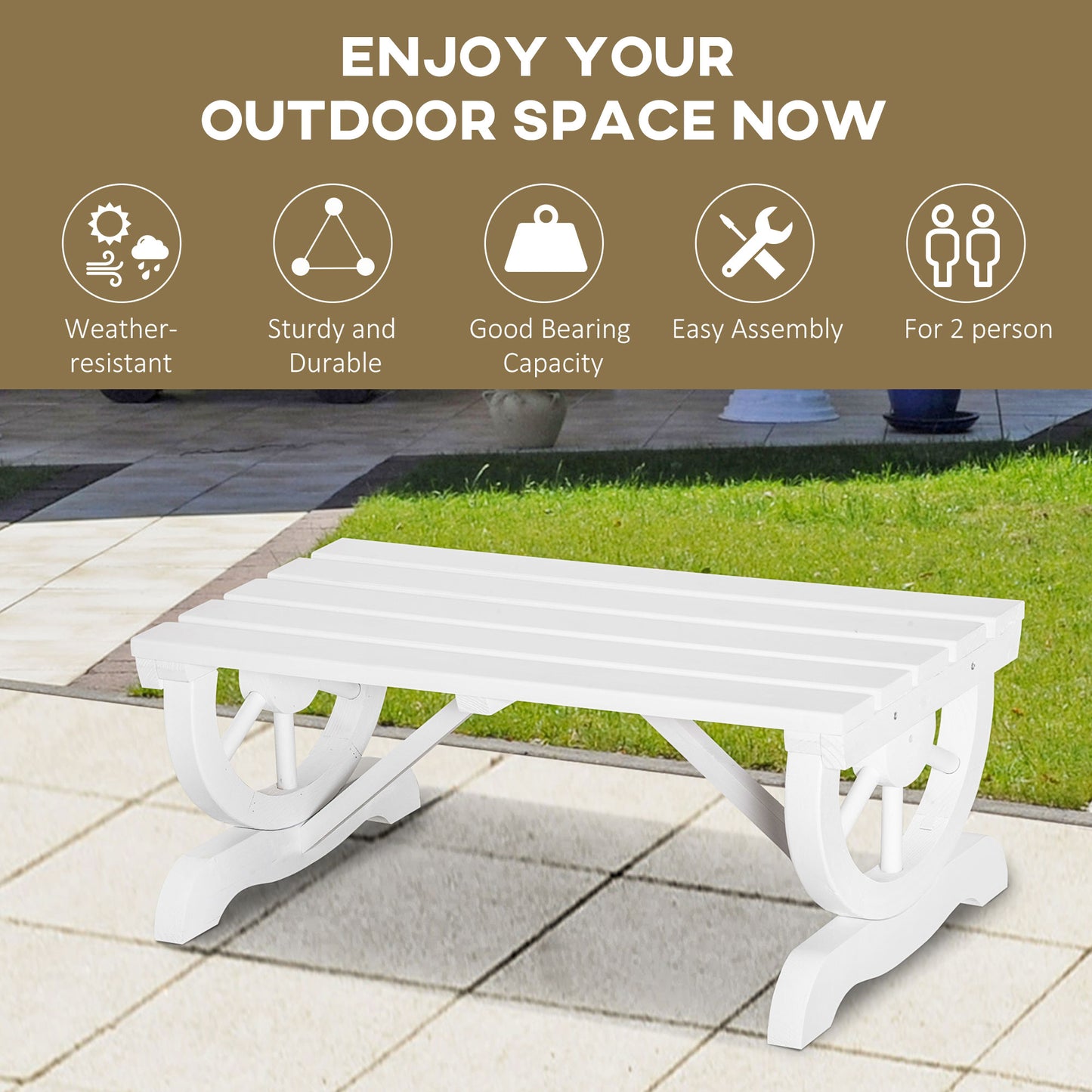 Rustic Wood Wheel Outdoor Garden Bench for 2-Person with a Unique Wheel Design on the Legs & Strong Build, White