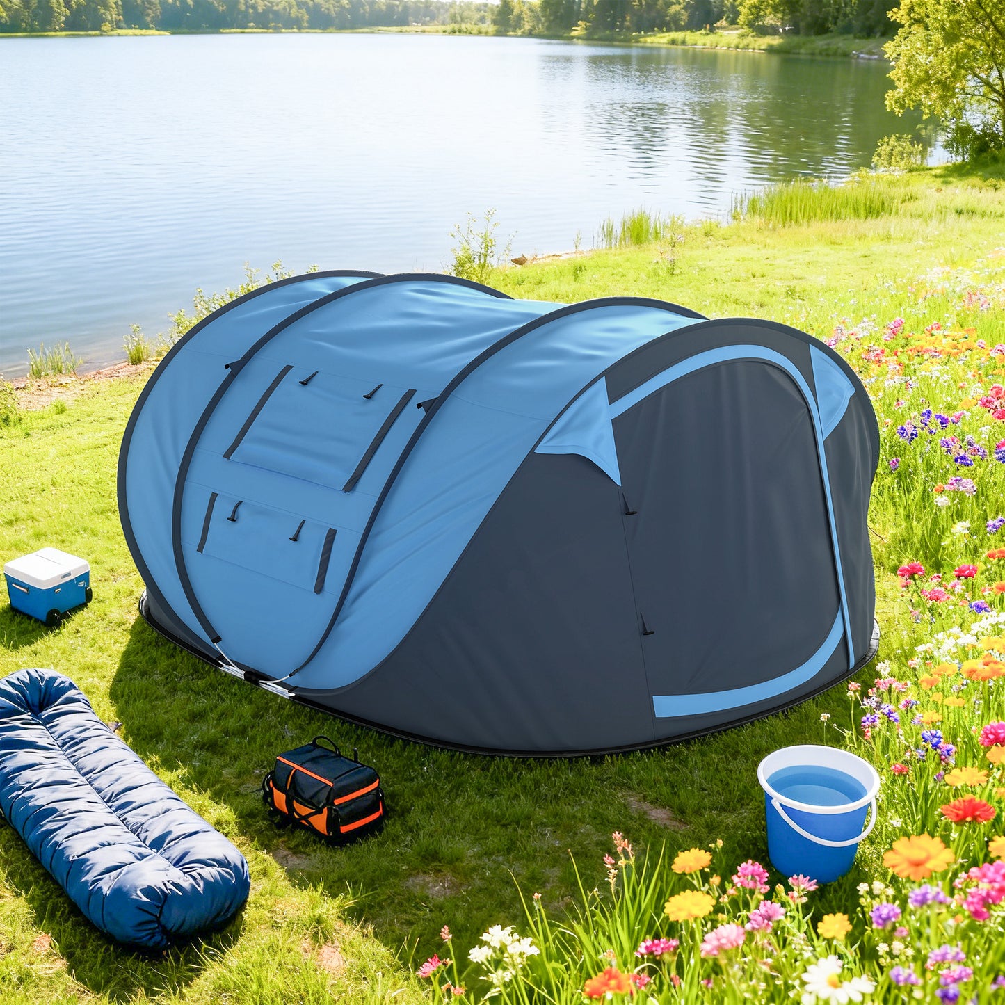 4 Person Camping Tent, Easy Pop Up Tent with Doors, Windows and Carry Bag, Automatic Setup Tent for Hiking, Blue