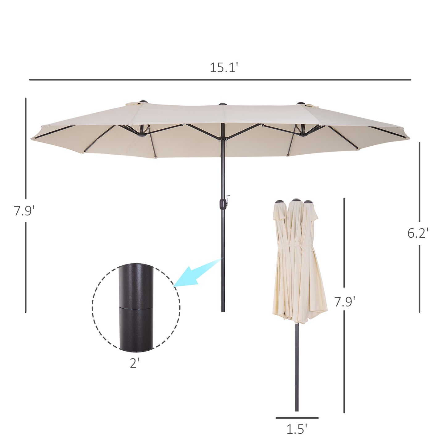 15ft Double-Sided Rectangular Patio Umbrella with Hand Crank
