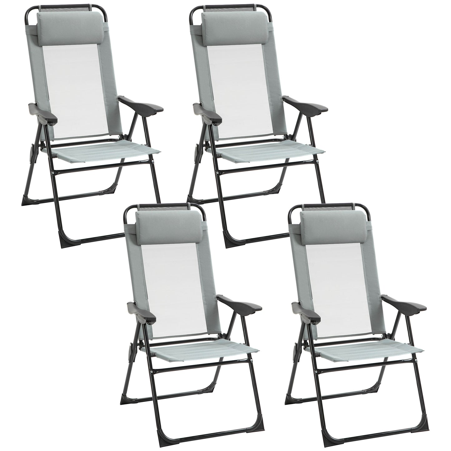 Set of 4 Camping Chairs, Outdoor Folding Lounge Chair Set with 5 Level Adjustable Backrest, Removable Headrest, Armrest for Camping, Backyard, Grey