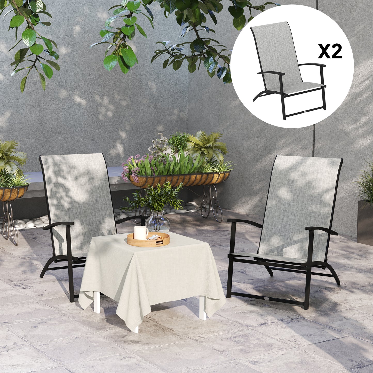 Set of 2 Folding Lawn Chairs, Outdoor Folding Chairs with Armrests, High Backrest for Backyard Balcony, Grey