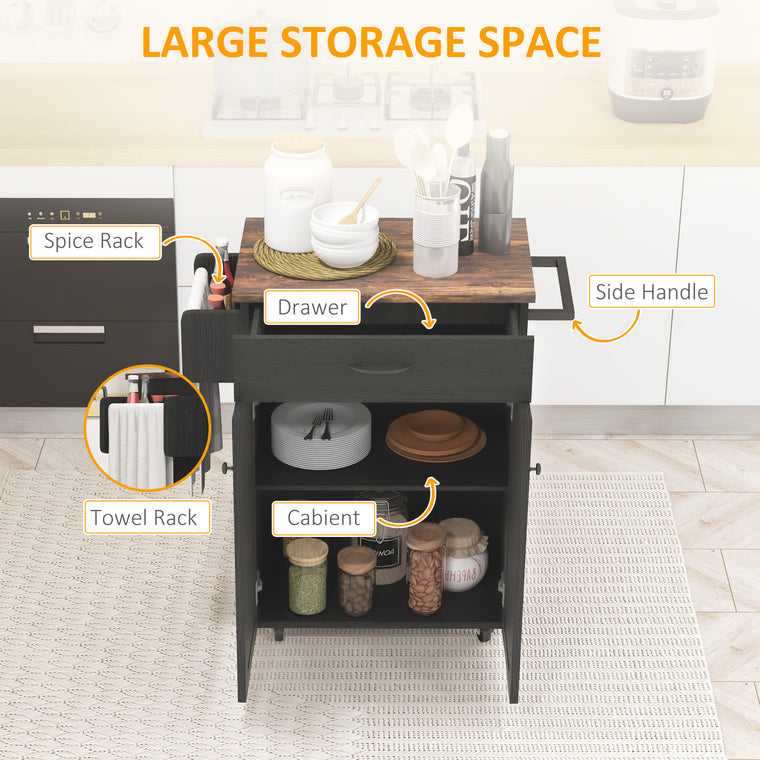 Rolling Kitchen Island Cart with Wood Top - Distressed Black