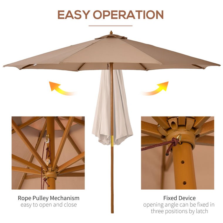 10' x 8' Khaki Wooden Patio Umbrella with Bamboo Ribs