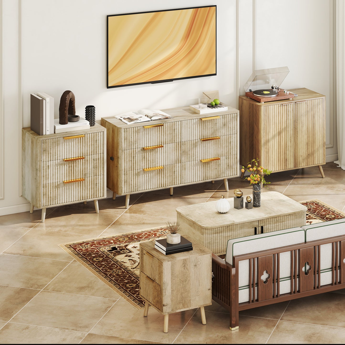 Fluted Chest of Drawers, Modern 3 Drawer Dresser with Pine Wood Legs, Finger Pulls for Closet, Living Room, Hallway, Oak