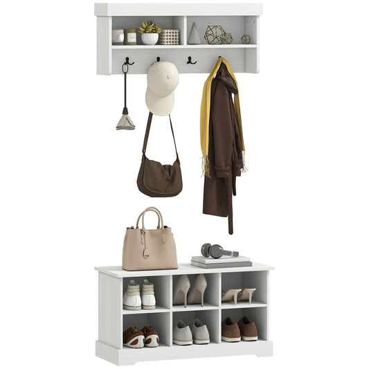 Entryway Shoe Bench with 8 Cubbies and Coat Rack - White