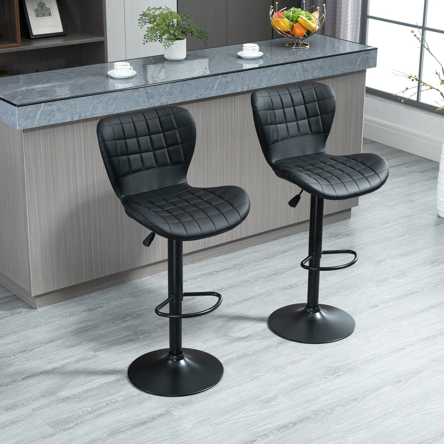 Bar Stools Set of 2, Adjustable Height Swivel Bar Chairs, PU Leather Upholstered Kitchen Counter Stools with Wide Seat, Back and Footrest, Black