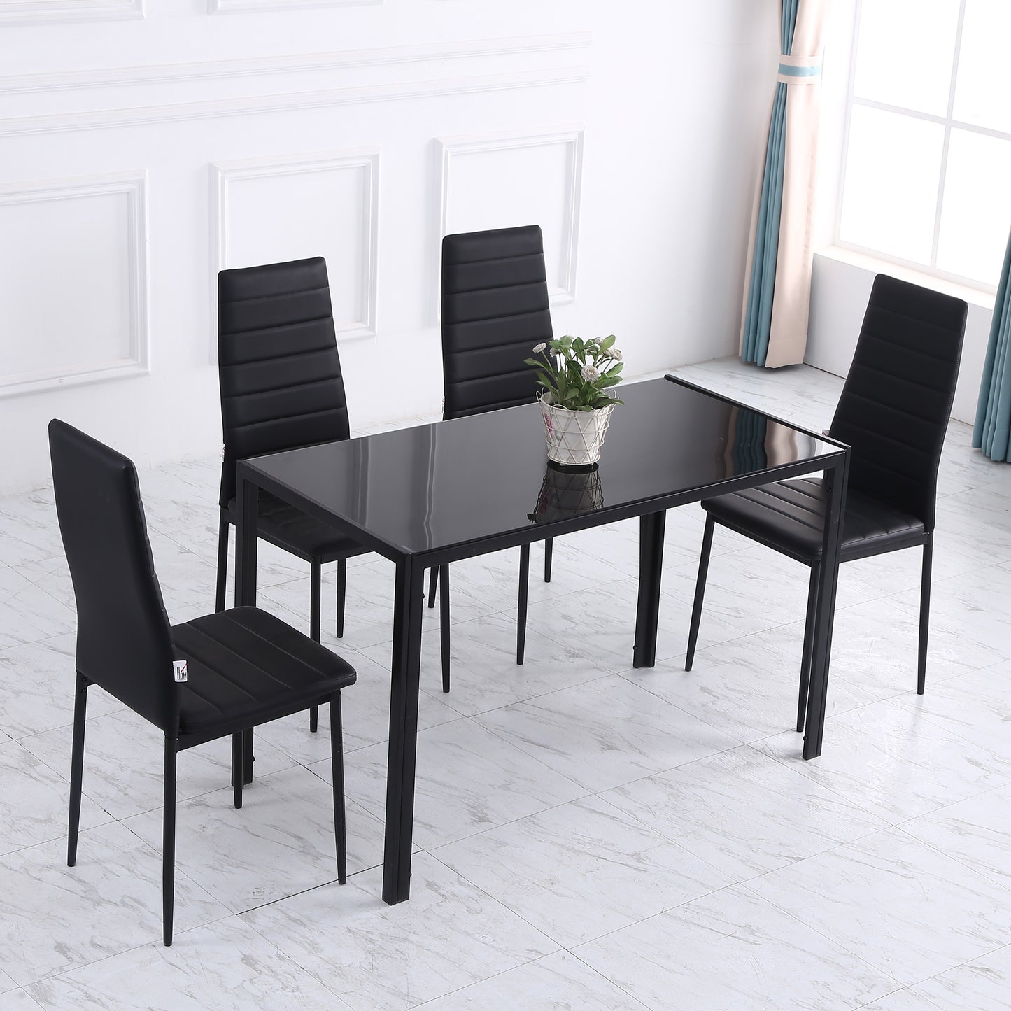 Rectangular Kitchen Table for 4 People, Dining Table with Tabletop Tempered Glass for Dining Room, Living Room, Black