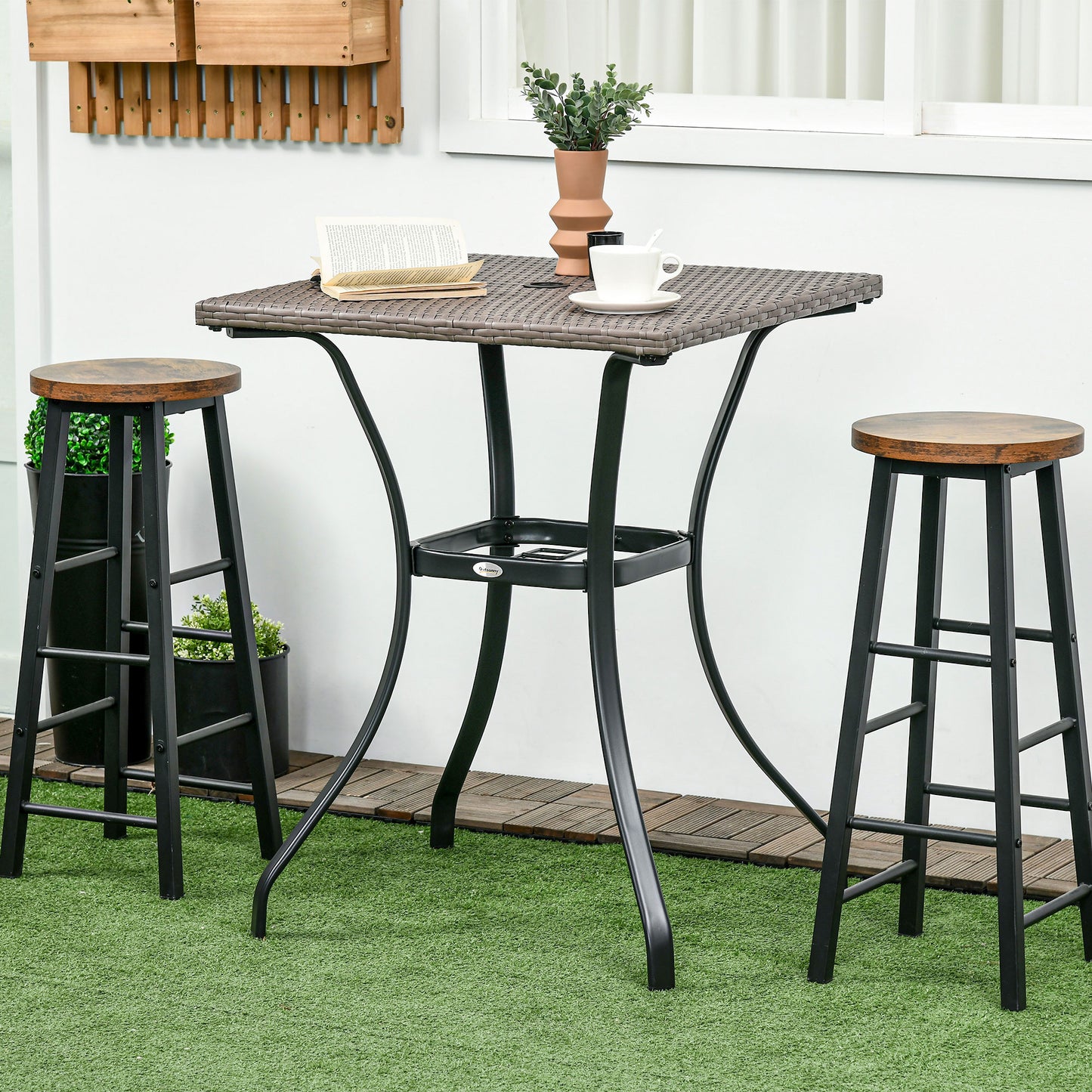 Patio Wicker Dining Table with Umbrella Hole, 34 Inch Outdoor PE Rattan Coffee Table with Plastic Board Under the Woven Table Top for Patio, Garden, Balcony, Mixed Brown