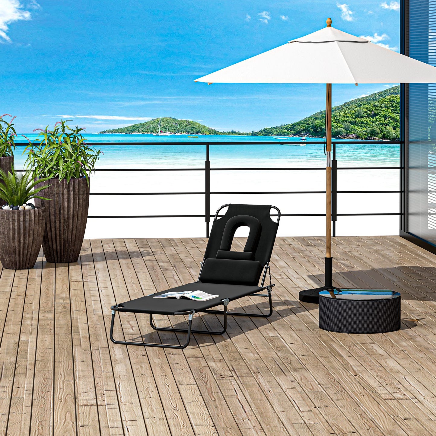 Adjustable Outdoor Lounge Chair, Garden Folding Chaise Lounge with Face Hole Reclining Tanning Chair Seat, Folding Camping Beach Lounging Bed w/ Support Pillow, Black
