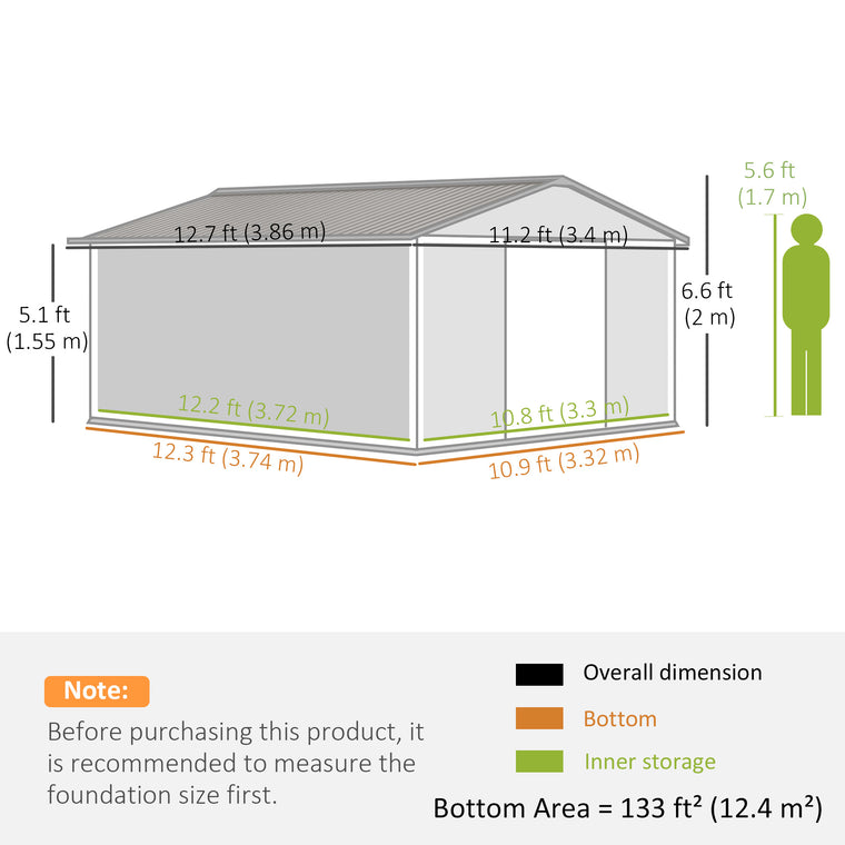 11' x 13' Metal Storage Shed with Double Doors and Foundation Kit