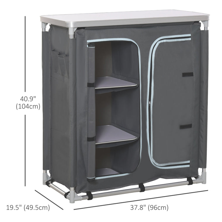 Grey Aluminum Camping Table with 3-Shelf Cupboard