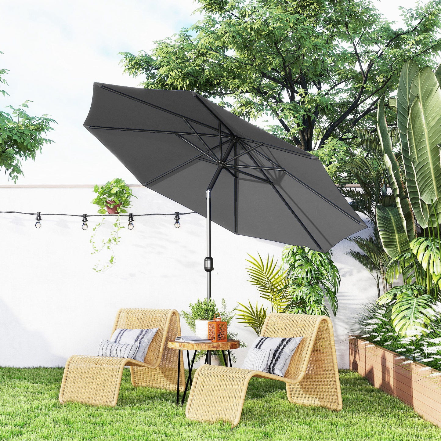 10' x 8' Round Market Umbrella, Patio Umbrella with Crank Handle and Tilt, Outdoor Parasol for Garden, Bench, Lawn, Grey
