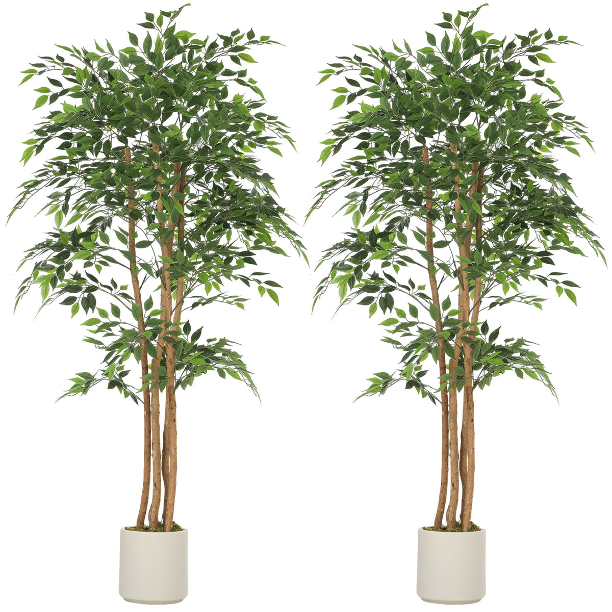 6FT Artificial Banyan Tree Set of 2, Fake Potted Tree with Solid Wood Trunk and Pot for Indoor