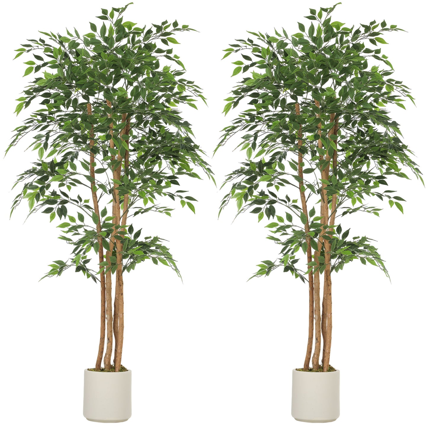 6FT Artificial Banyan Tree Set of 2, Fake Potted Tree with Solid Wood Trunk and Pot for Indoor