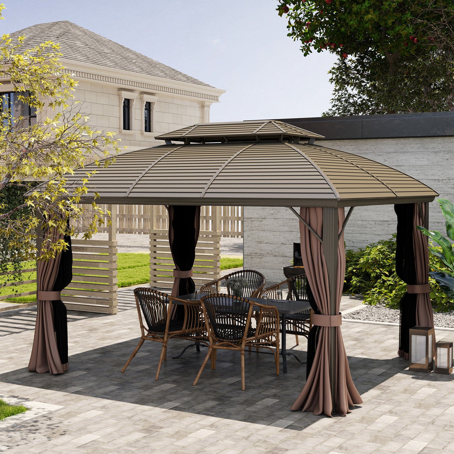 10' x 12' Hardtop Gazebo Canopy with Double Roof, Netting and Curtains for Garden, Backyard, Deck, Coffee