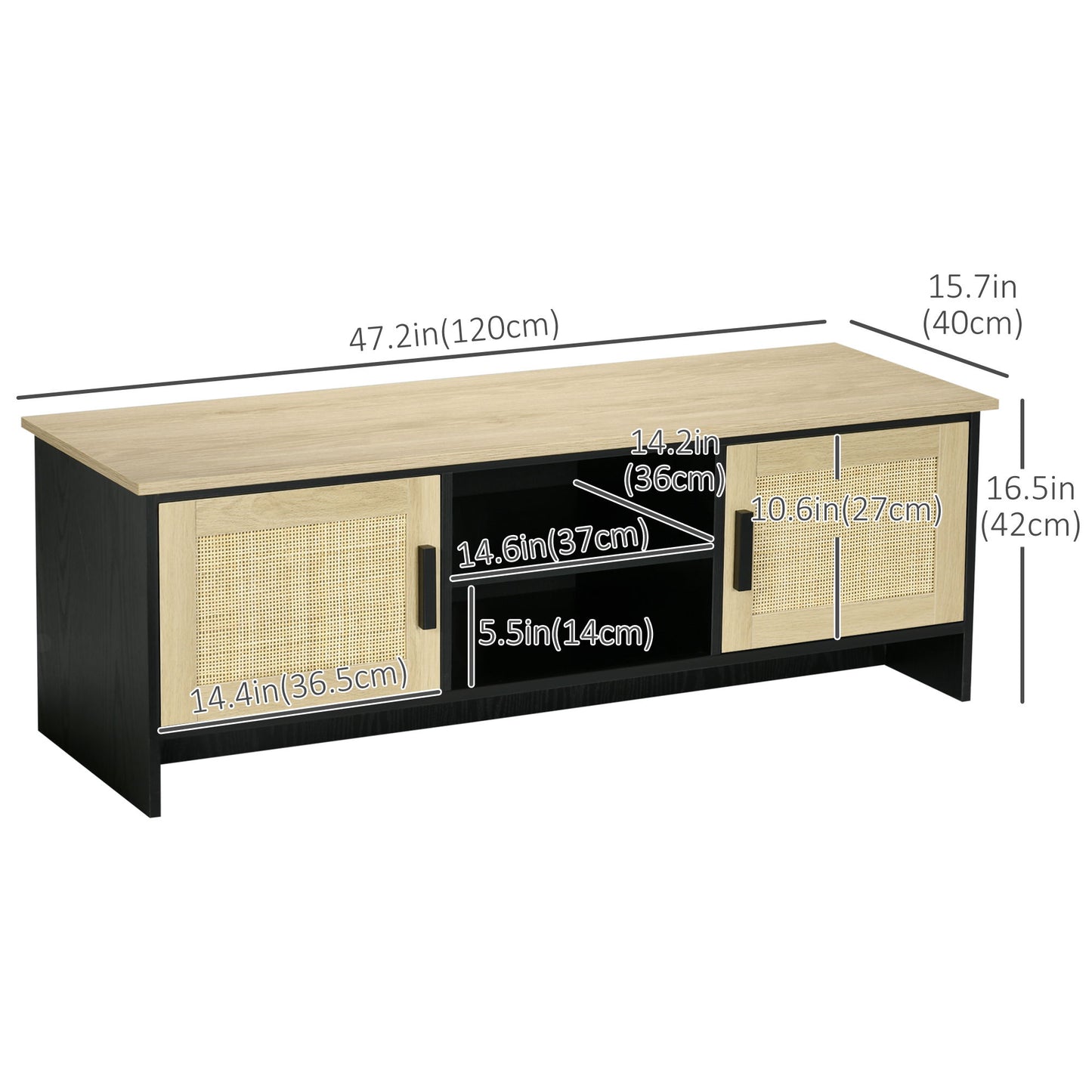 TV Stand for 60 inches, TV Cabinet with 2 Shelves, 2 Cable Managements and 2 Rattan Door Cabinets, Natural