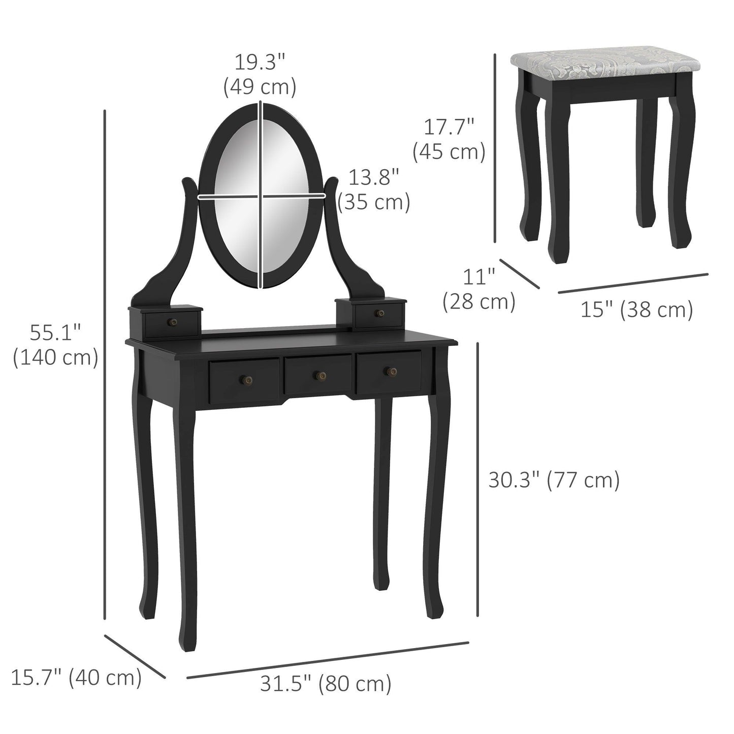 Vanity Desk with Rotating Mirror, 5 Drawers and Stool - Black