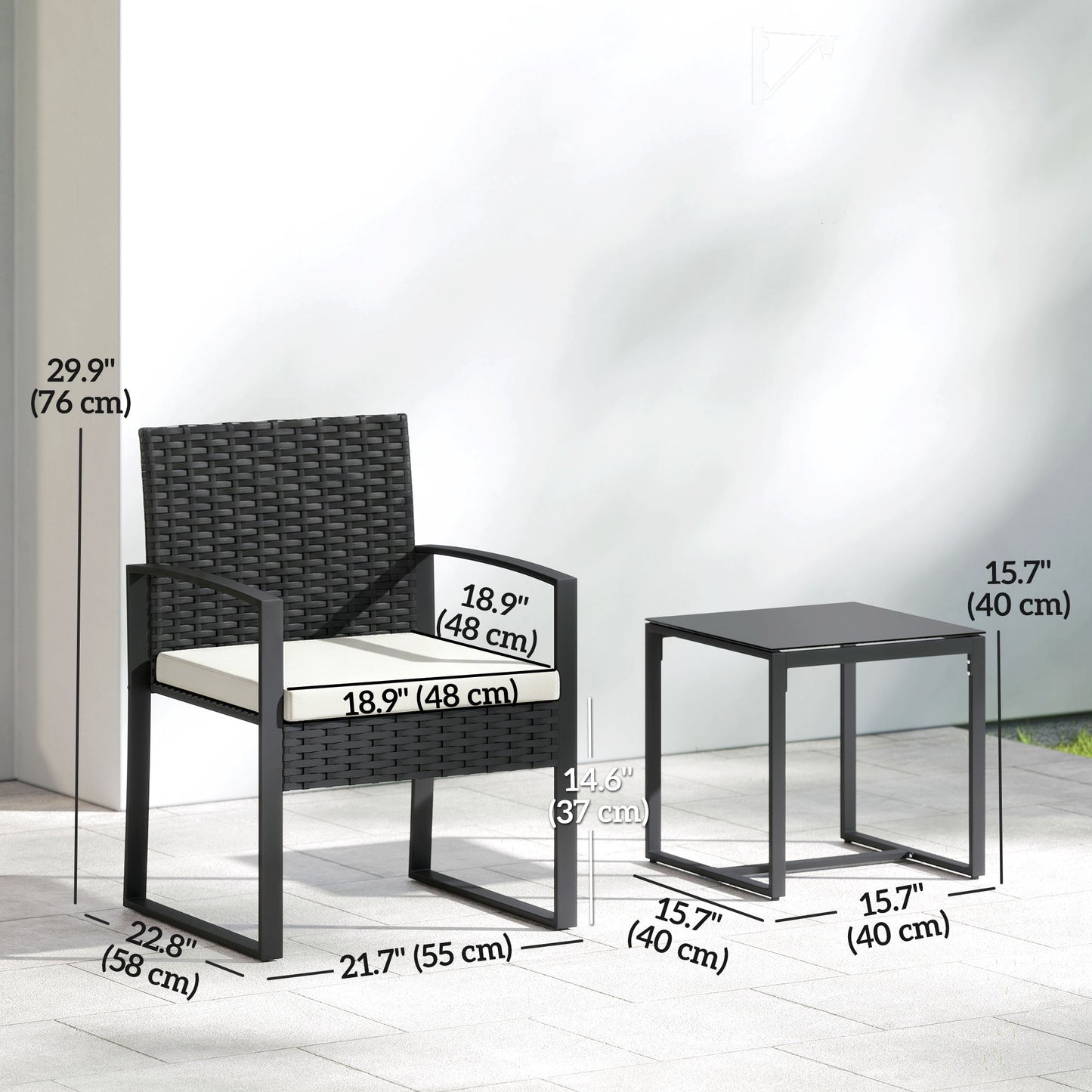 Outdoor Bistro Set, 3 Piece Wicker Patio Furniture Set with Glass Top Table and Cushions for Porch, Balcony, Cream White