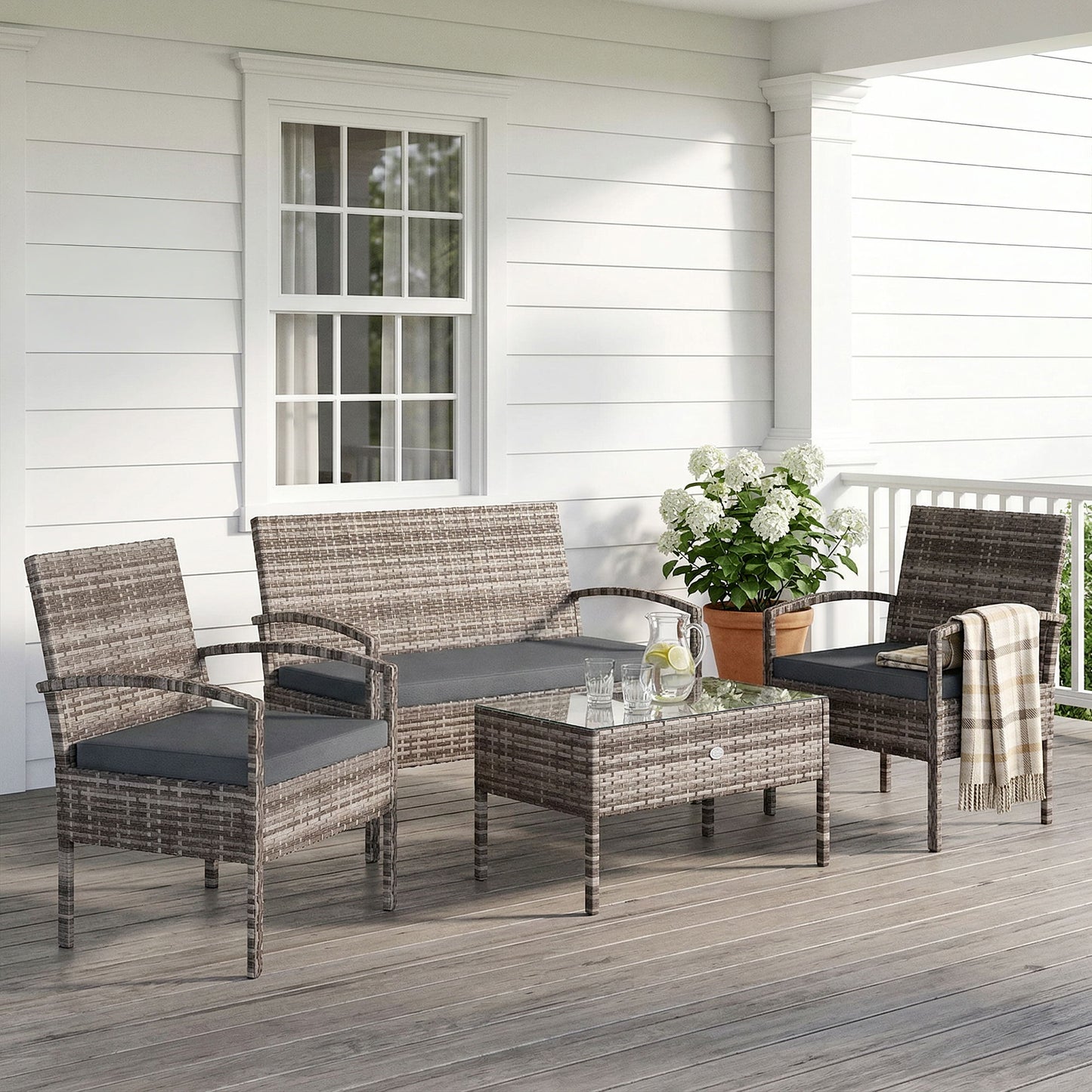4 Pieces Patio Furniture Set with A Loveseat, Two Armchairs and A Coffee Table, Outdoor Conversation Set, Dark Grey