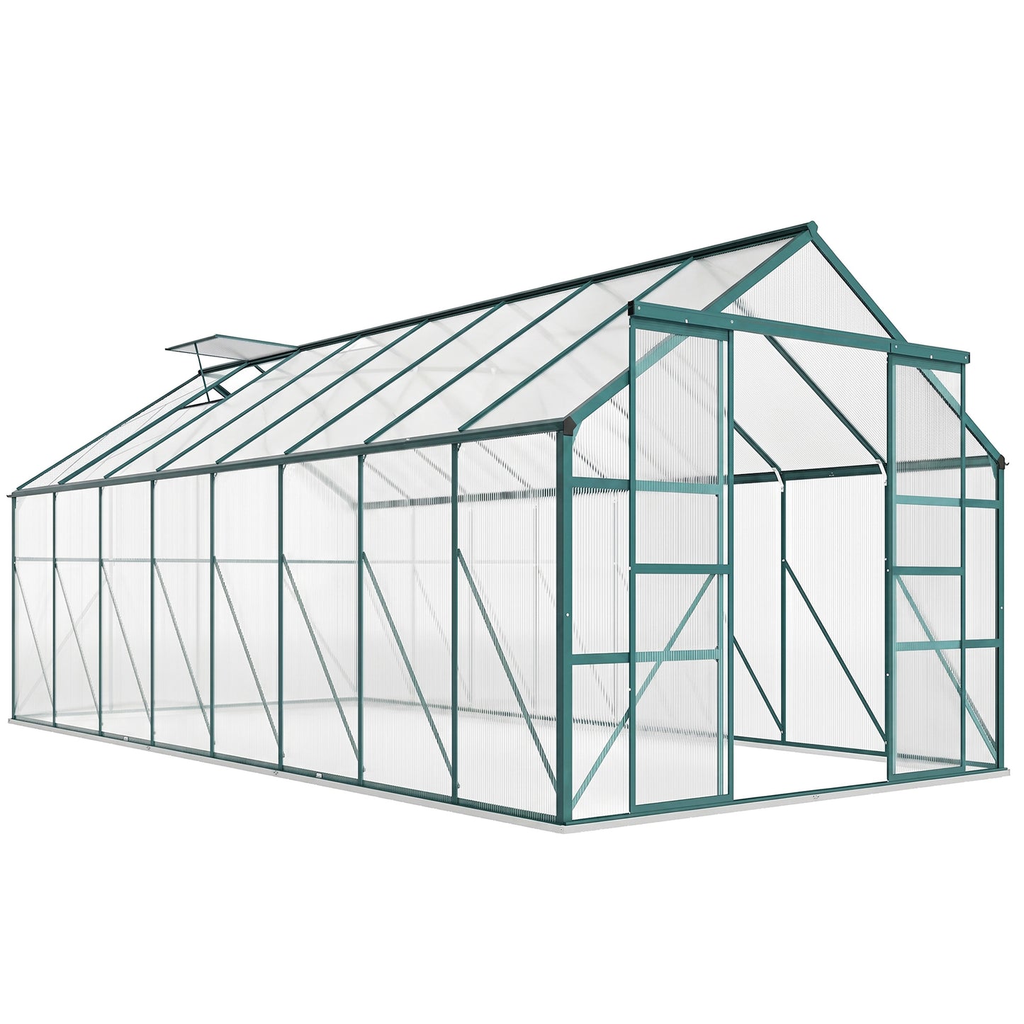 16' x 8' Aluminum Polycarbonate Greenhouse Walk-in Garden Greenhouse Kit with Adjustable Roof Vent, Rain Gutter and Sliding Door for Winter, Green