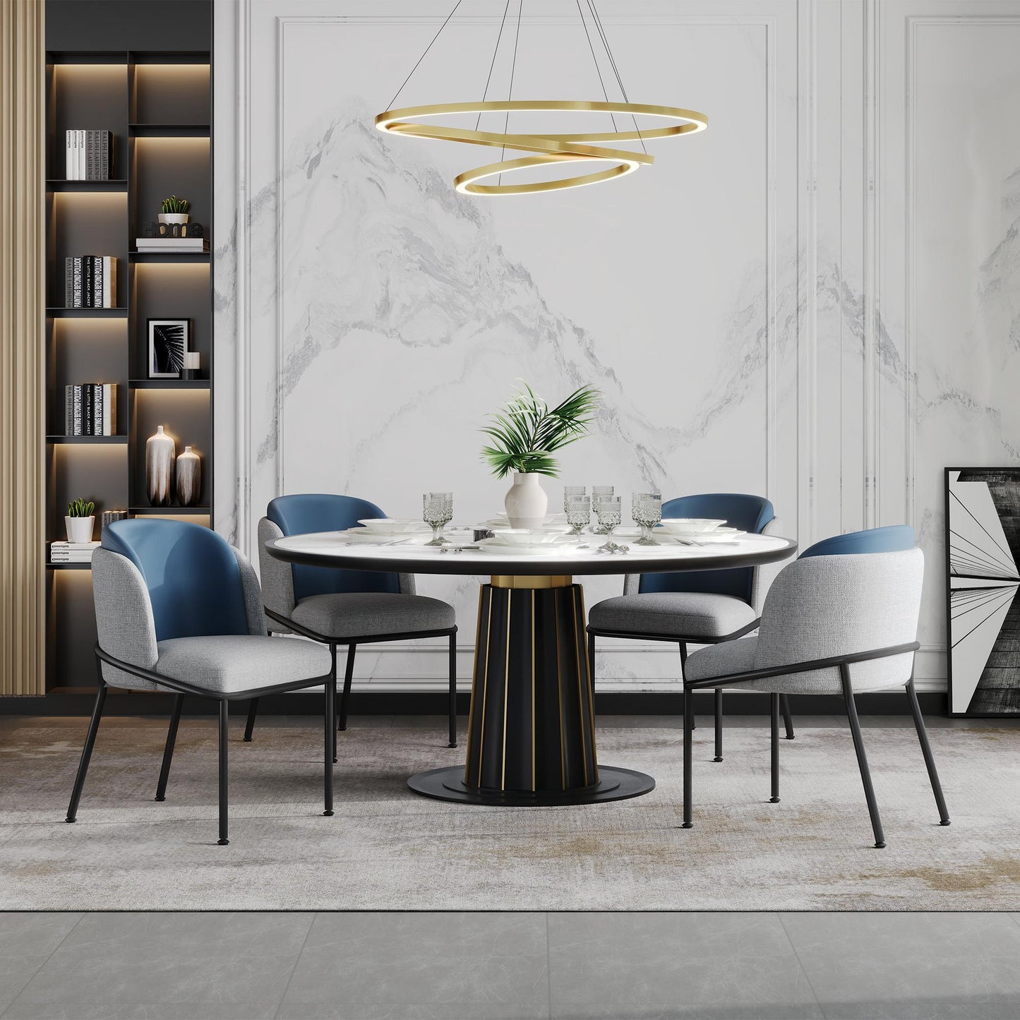 Set of 4 Dining Chairs with Ergonomic Curved-Back, Stylish Chairs Set with High-Density Foam Seat, 21.5'' L x 21.5'' W x 33.5'' H, Blue+Grey