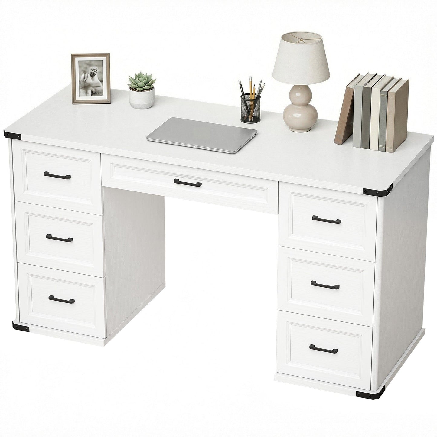55" Executive Computer Desk with 7 Drawers - White Wood Grain