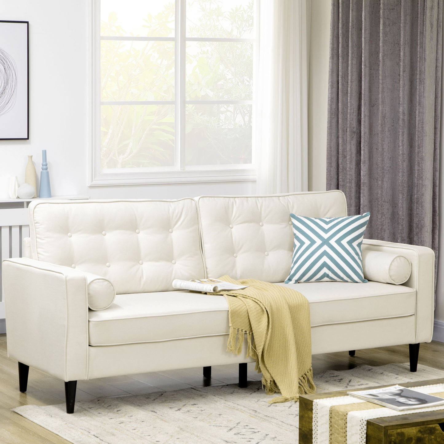 Mid-Century Sofa, Couch with Button-Tufted Back Cushion, Linen Feel Fabric Upholstery, 2 Cylindrical Pillows and Rubber Wood Legs for Living Room, Cream White