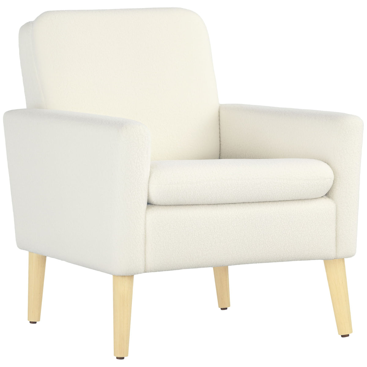 Fabric Accent Chair, Modern Upholstered Armchair with Wood Legs and Wide Padded Seat, Cream White