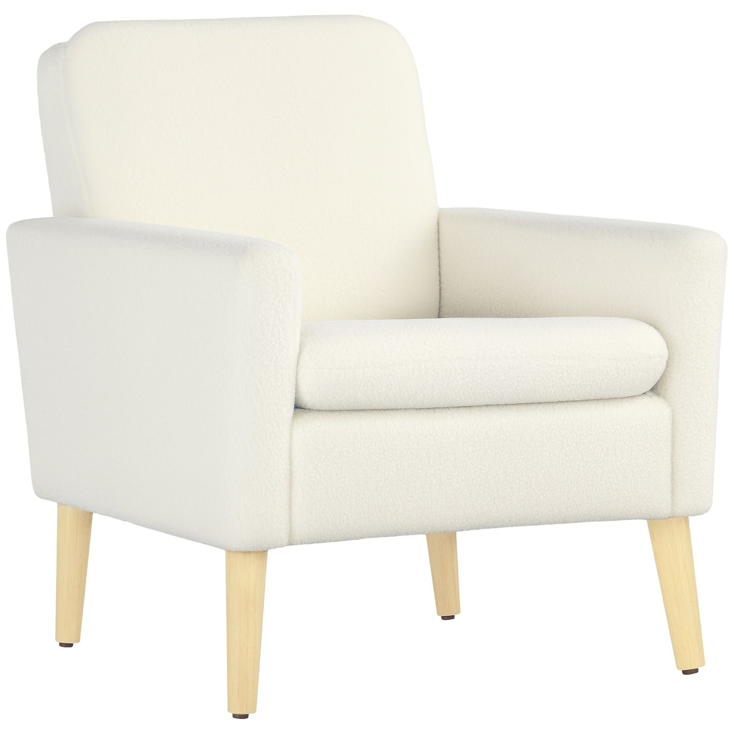Fabric Accent Chair, Modern Upholstered Armchair with Wood Legs and Wide Padded Seat, Cream White