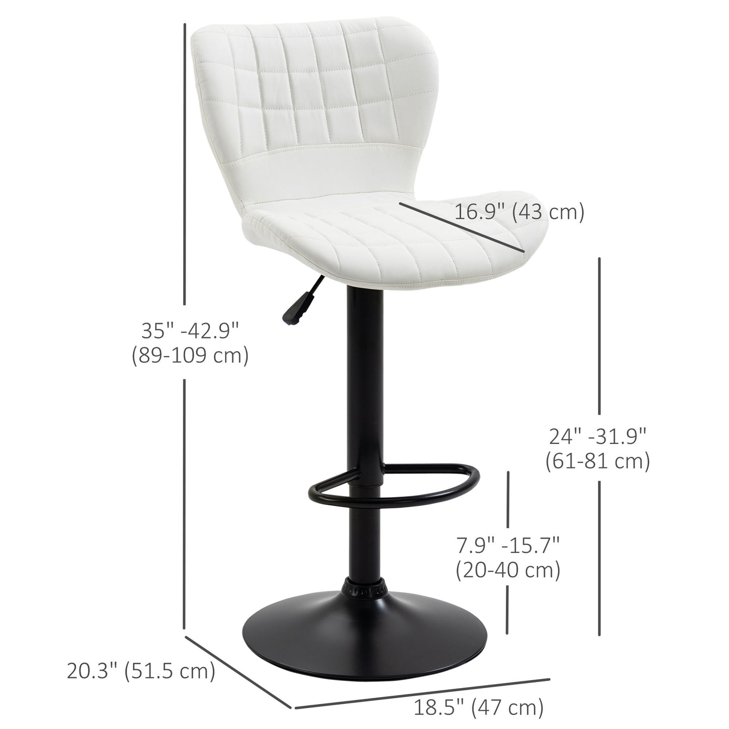 Bar Stools Set of 2 Adjustable Height Swivel Bar Chairs in PU Leather with Backrest & Footrest, White