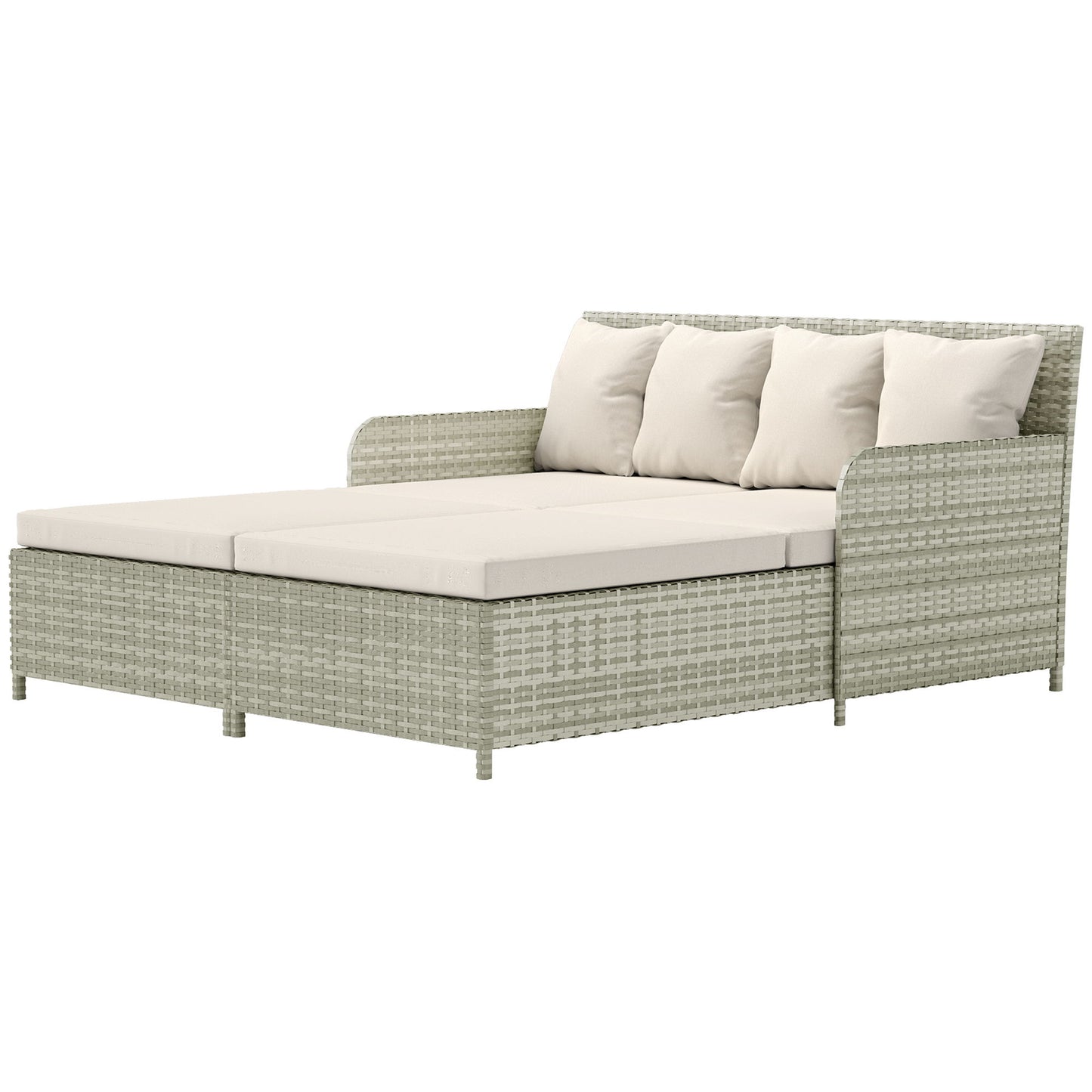 Rattan Outdoor Daybed, Sunbed Loveseat with Soft Cushions, 4 Pillows, Curved Backrest & Armrest, Beige