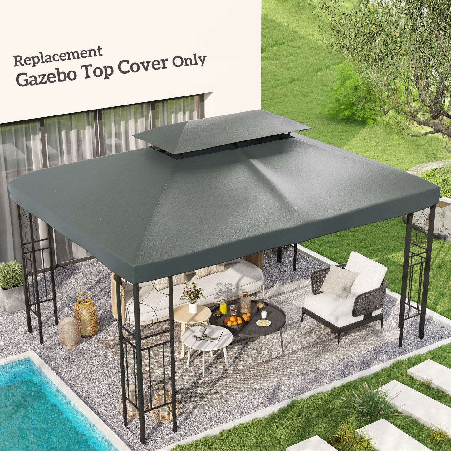 13' x 10' Gazebo Replacement Canopy 2 Tier Top UV Cover Pavilion Garden Patio Outdoor, Deep Grey (TOP ONLY)