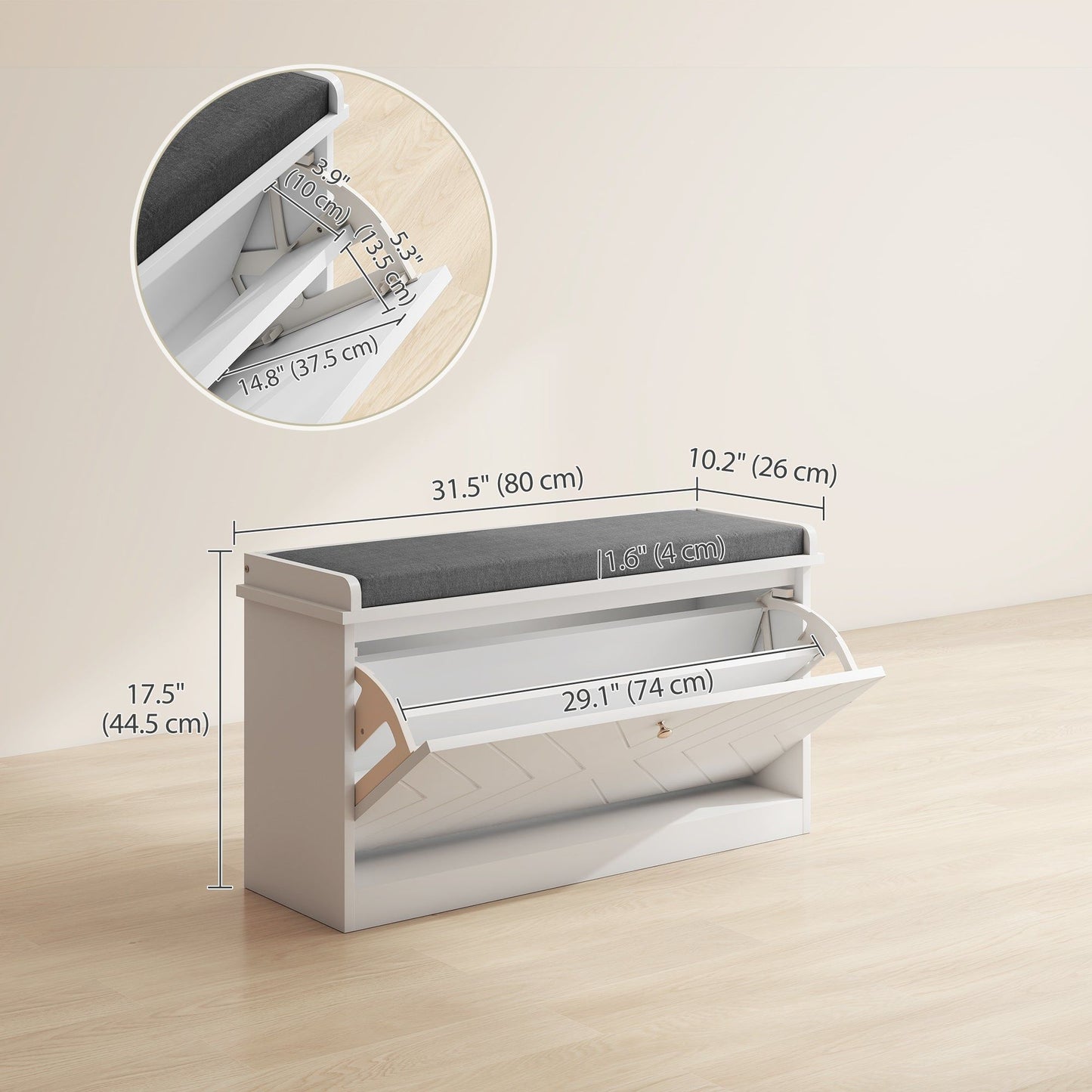 Shoe Storage Bench with Flip Drawer - White