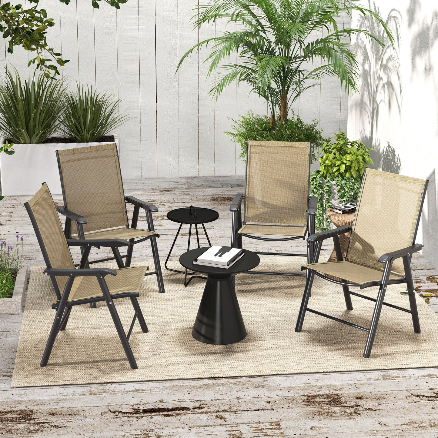 4-Piece Folding Chair Set for Relaxing on Patio Balcony Garden, Comfortable Outdoor Furniture with Armrests, Brown