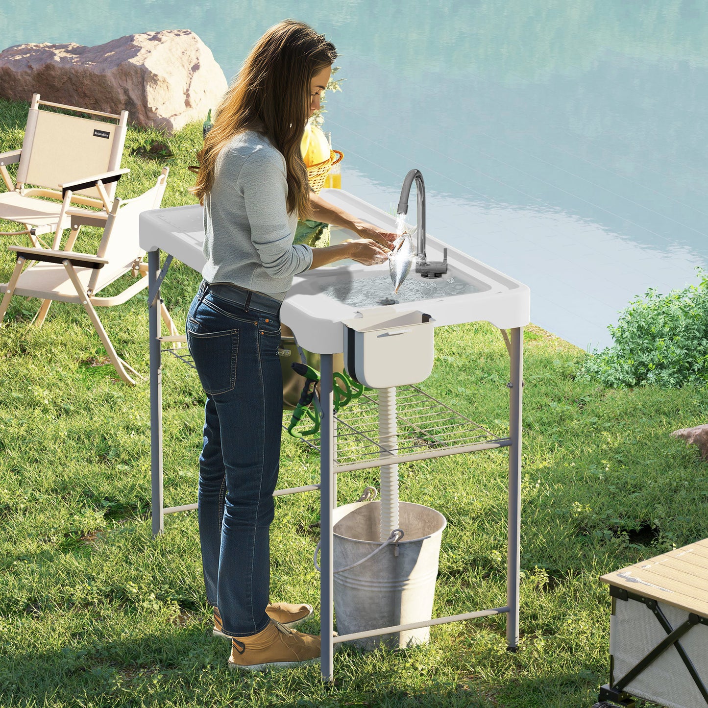 Folding Fish Cleaning Table with Sinks, Camping Sink with Faucet Drainage Hose Sprayer Shelf, Grey - White