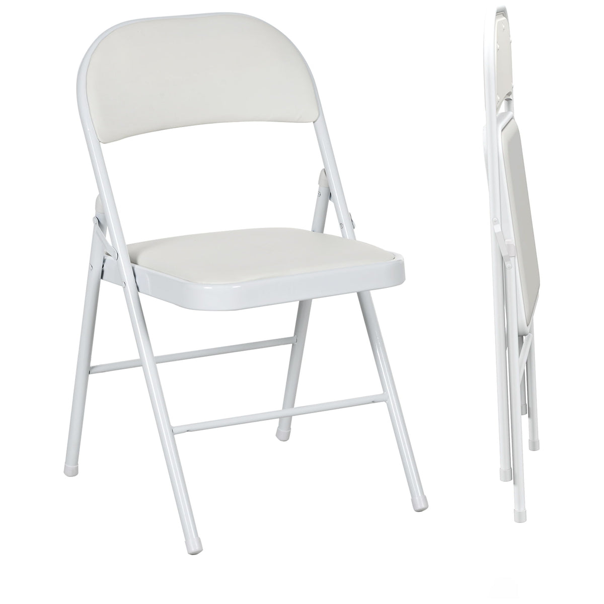 Set of 2 Metal Foldable Chairs, PU Leather Padded Folding Chairs with Cushion Seat and Open Back for Indoor, White