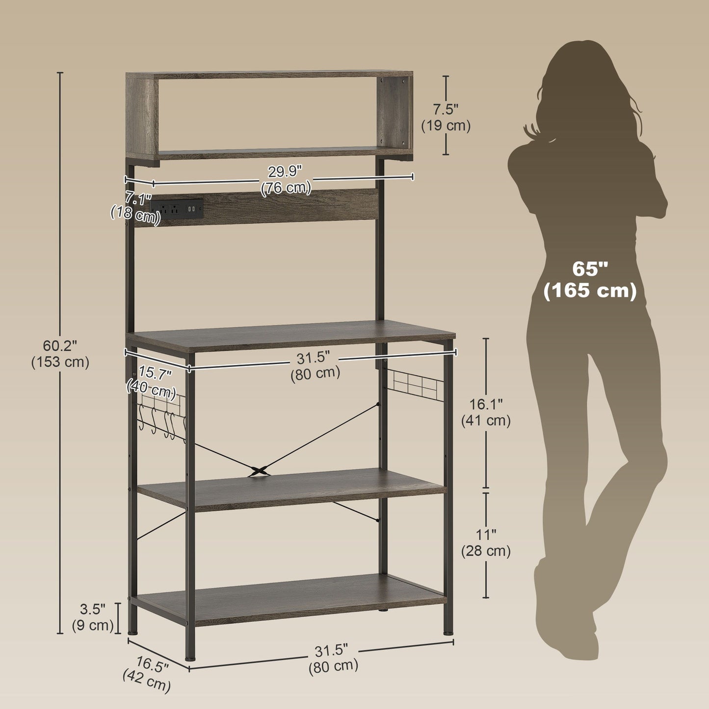 Baker's Rack with Charing Station, Microwave Shelf with Power Outlet, USB Charger and 5 Hooks, Distressed Grey