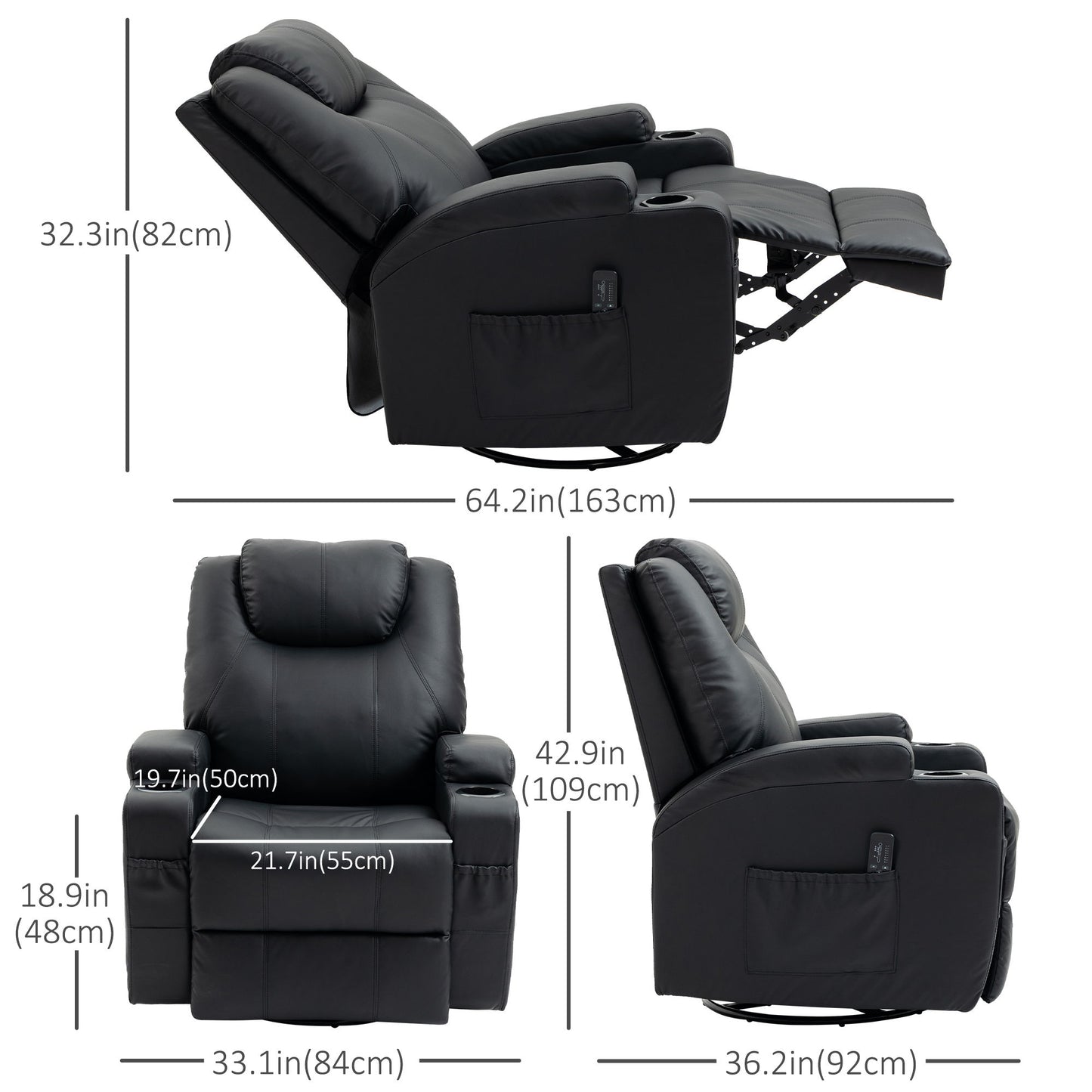 Massage Recliner Chair, Swivel Nursery Rocker Chair, Manual Reclining Sofa with 8 Vibration Points, PU Leather, Cup Holders, Side Pockets, for Living Room, Black
