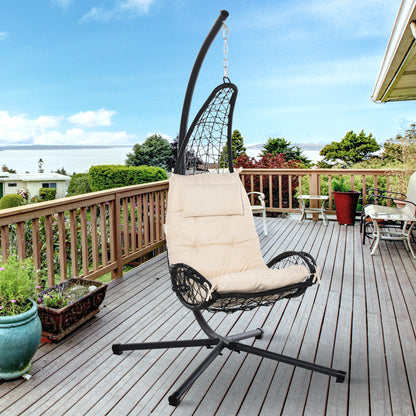 Beige Wicker Hanging Egg Chair with Stand
