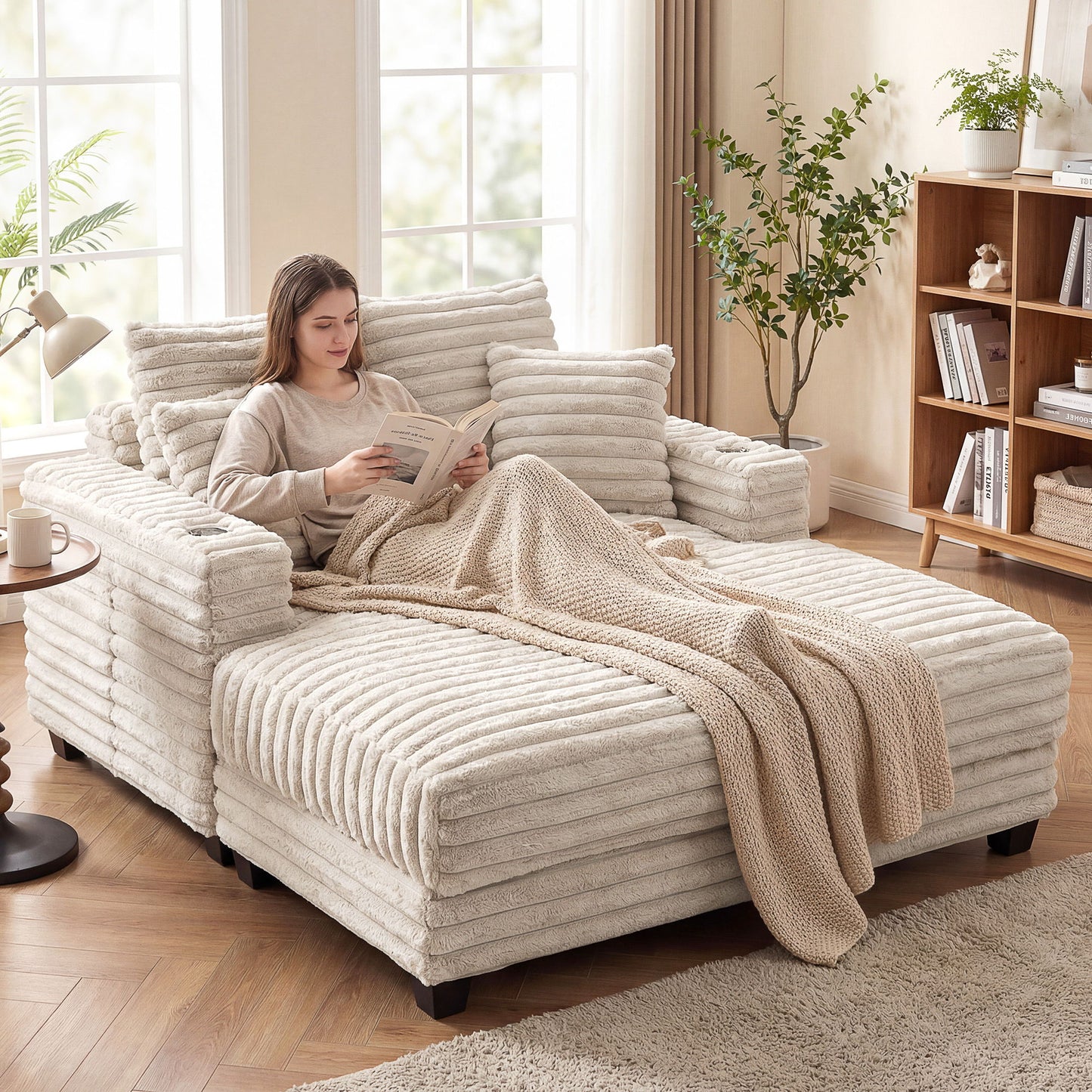 60" Chaise Lounge Chair, Oversized Upholstered Sofa Bed with Cup Holders & Pillows, Sleeper Couch for Living Room, Beige