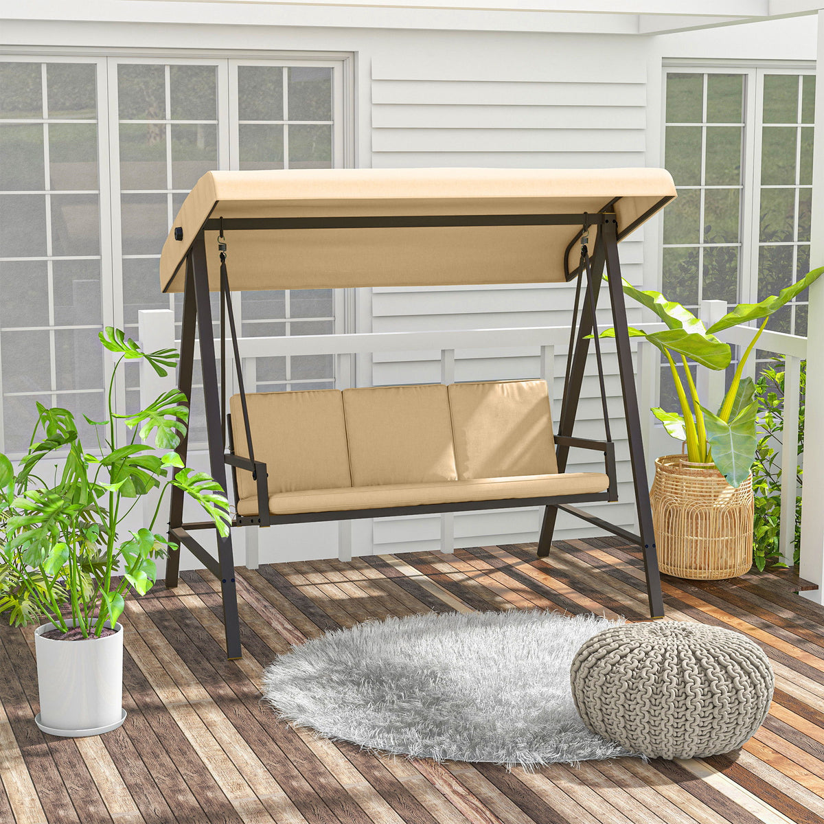 3 Seater Patio Swing Chair, Porch Swing with Adjustable Canopy and Removable Cushions, Outdoor Swing Seat, Beige